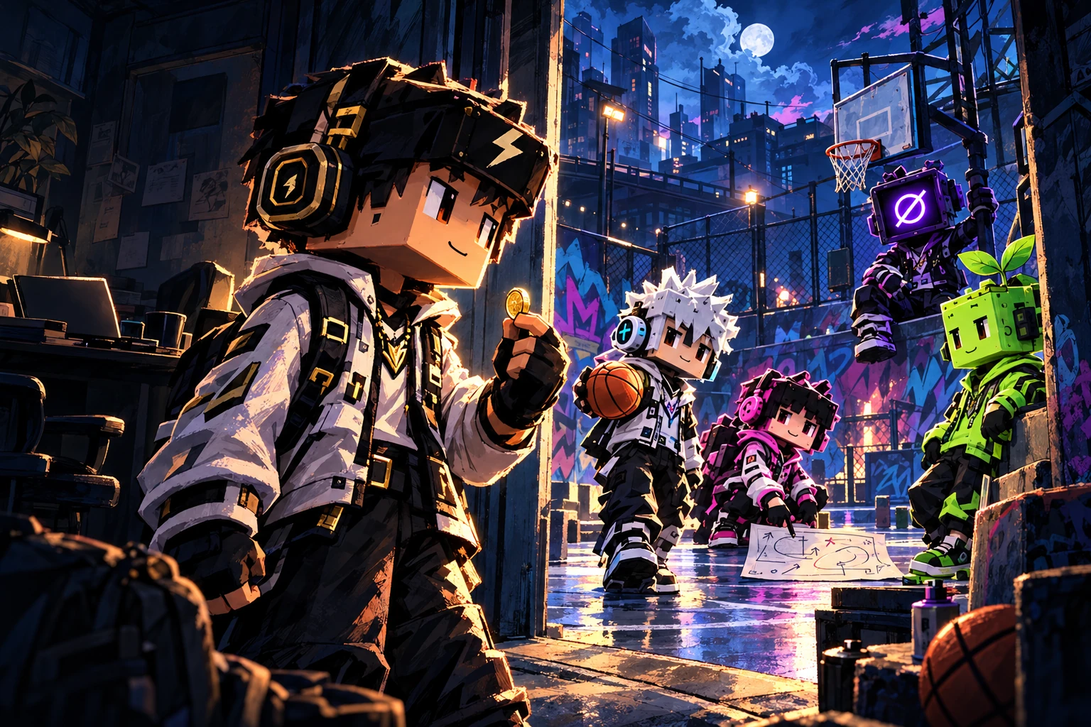 Marco holding his last coin at the doorway between a quiet trading desk and the blue-lit court, where Kai, Nova, Lime and Zee welcome him