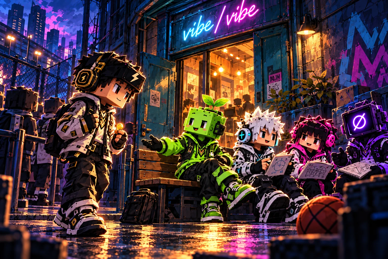 Lime makes room for Marco on a bench outside the warm Vibe Vibe doorway.