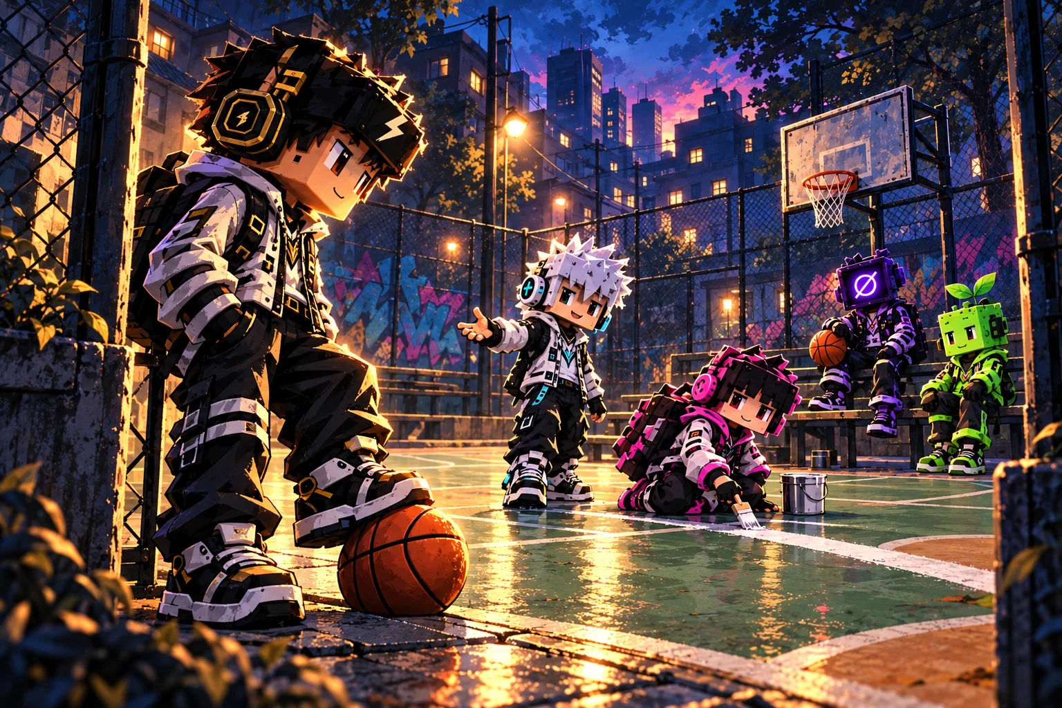 Kai invites Marco onto the neighbourhood court while Nova paints a line and Zee waits at the hoop.