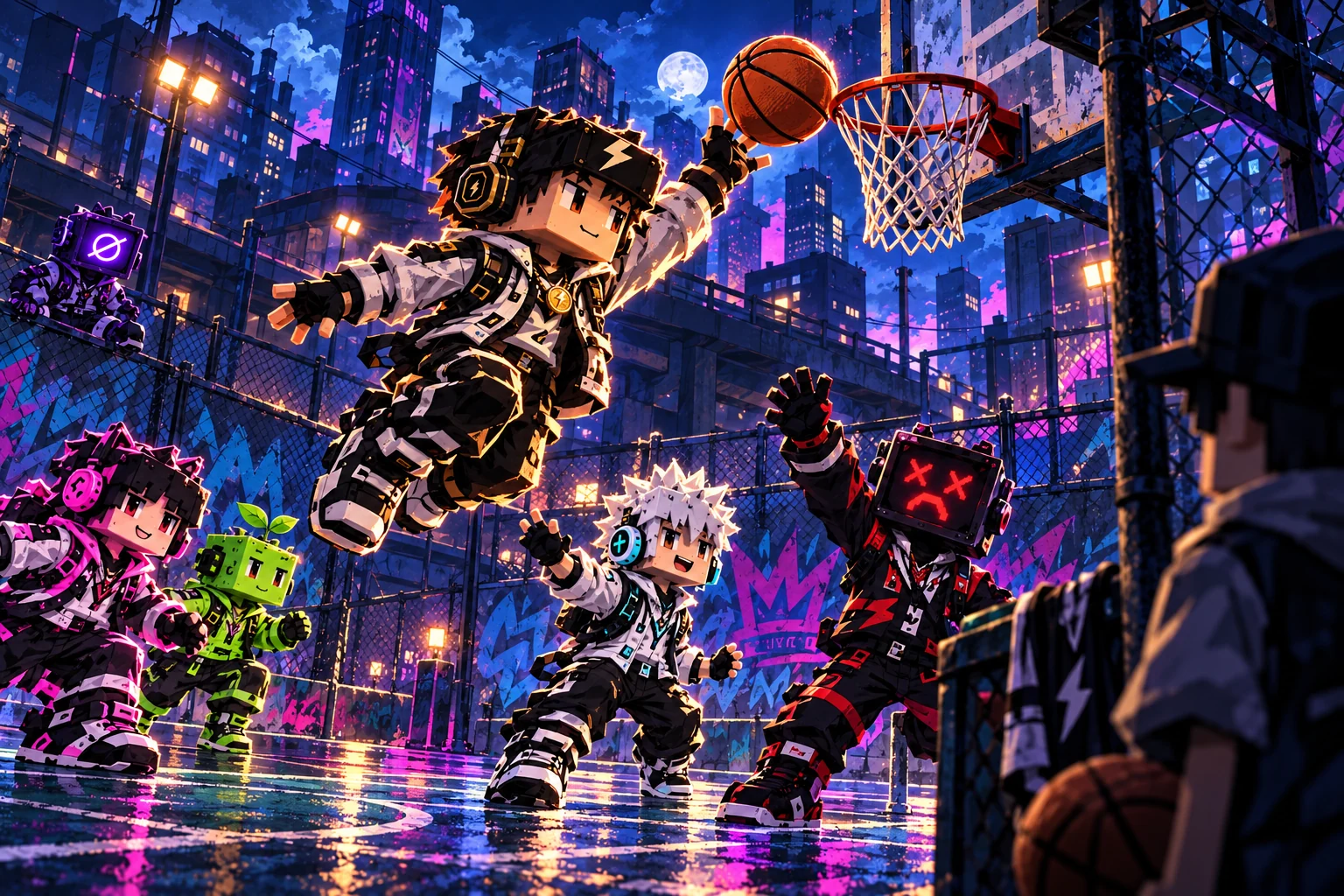 Marco finishes an alley-oop from Kai while a newcomer waits beside a spare jersey at the fence.